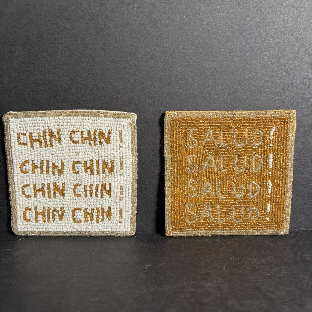 Kim Seybert Coasters Beaded Salud & Chin Chin Cheers Set of 2 Glass Beads NYC